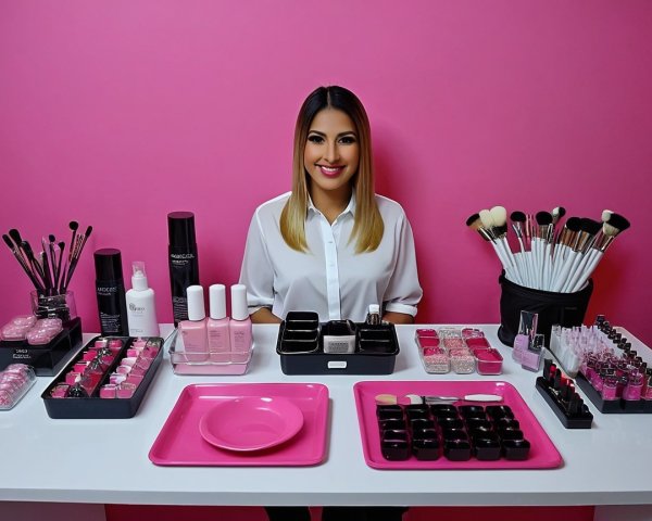 Beauty Products Displayed on a Vibrant Pink Table
