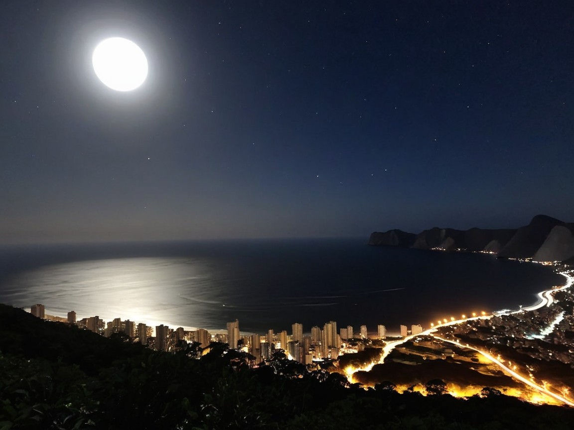 Nighttime Coastal City with Moonlit Ocean and Cliffs