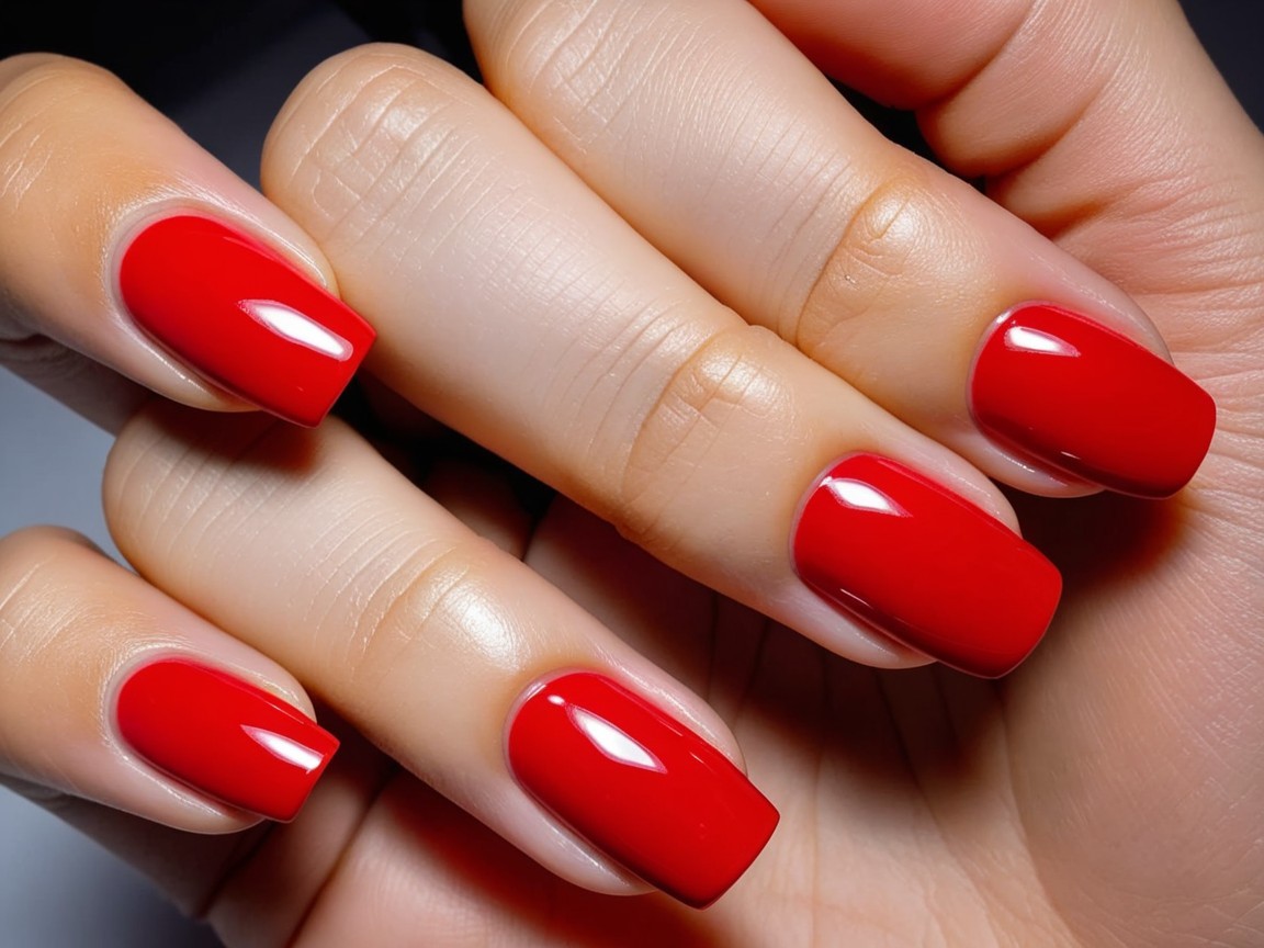 Close-up of Glossy Red Manicured Nails in Elegant Style