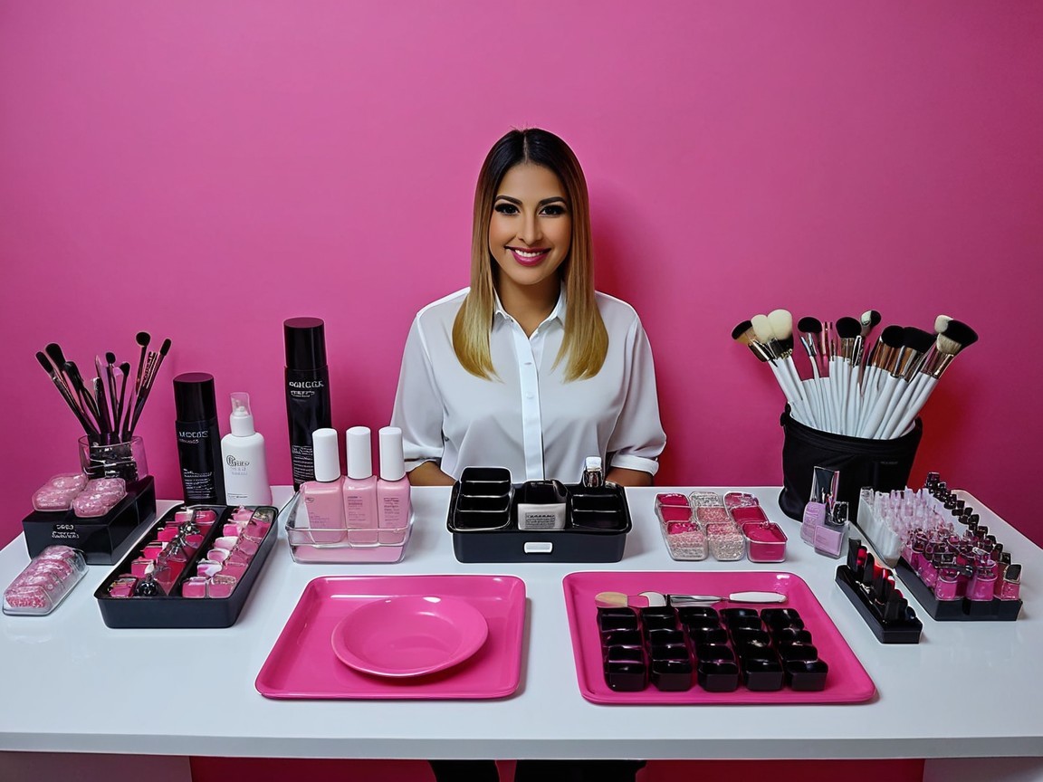 Beauty Products Displayed on a Vibrant Pink Table