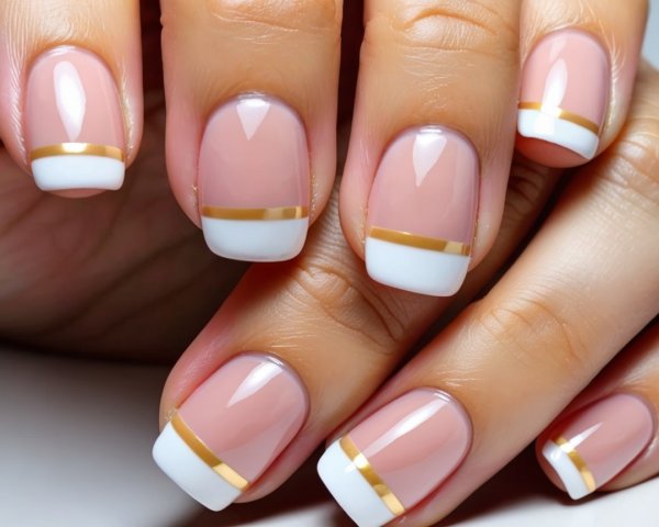 Elegant Short Pink Manicure with White Tips and Gold Stripe