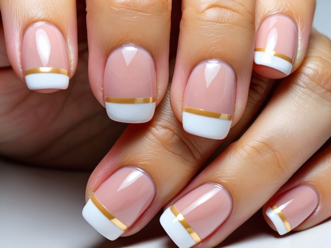 Elegant Short Pink Manicure with White Tips and Gold Stripe
