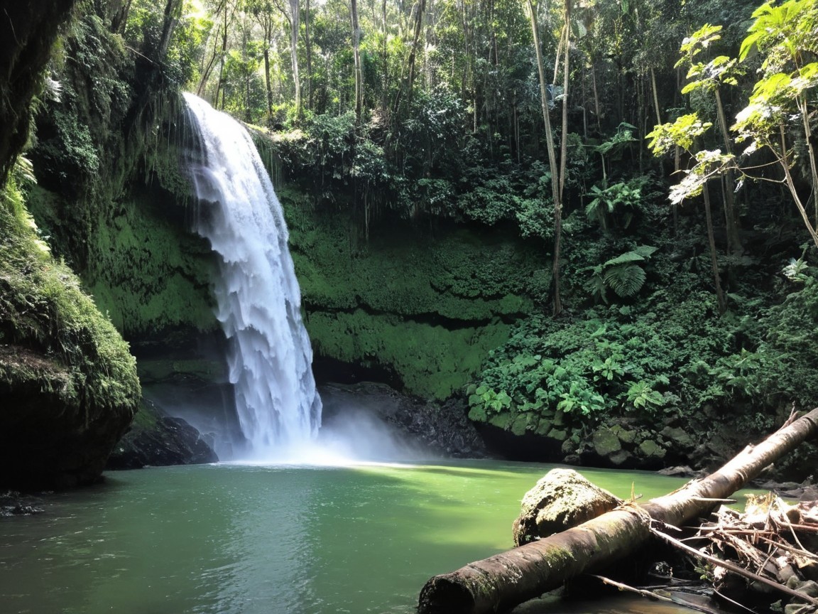 Waterfall Cascading into Emerald Green Pool Surrounded by Jungle