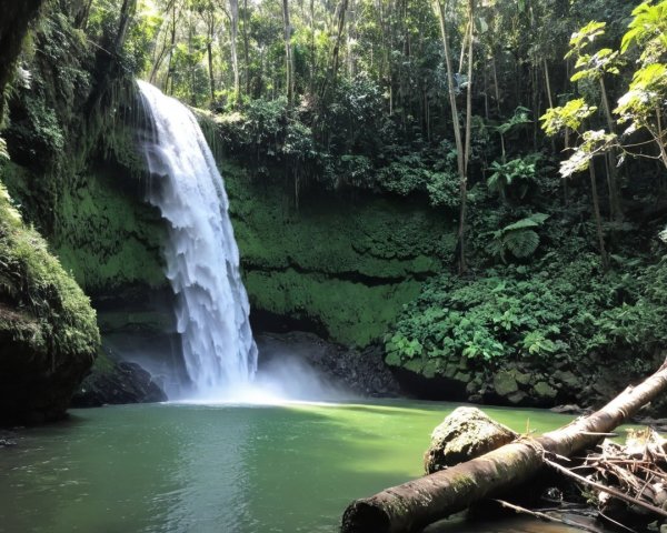 Waterfall Cascading into Emerald Green Pool Surrounded by Jungle