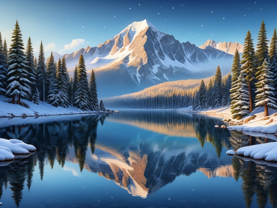 Serene Winter Landscape with Mountain and Lake Reflection