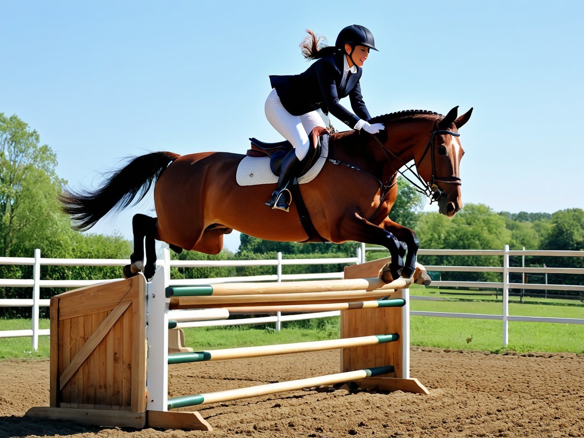 Rider in Black Jacket Jumps Chestnut Horse Over Obstacle