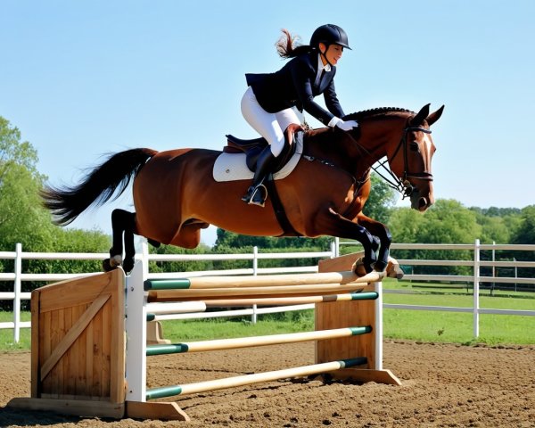 Rider in Black Jacket Jumps Chestnut Horse Over Obstacle