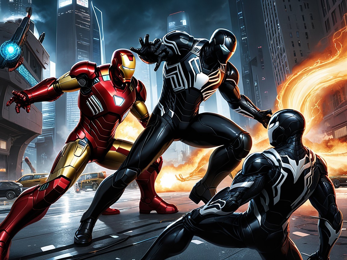 Armored Figures in Urban Standoff Amid Explosions