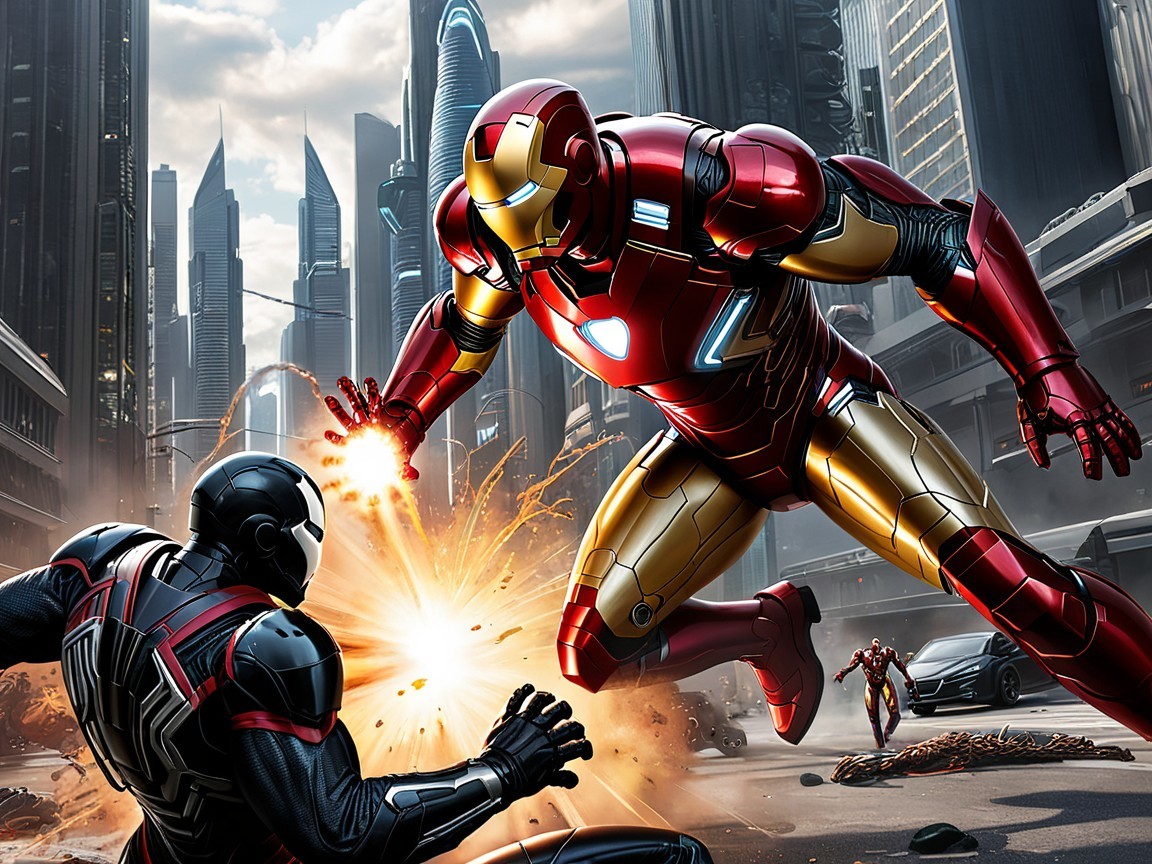 Futuristic City Battle Between Armored Figures