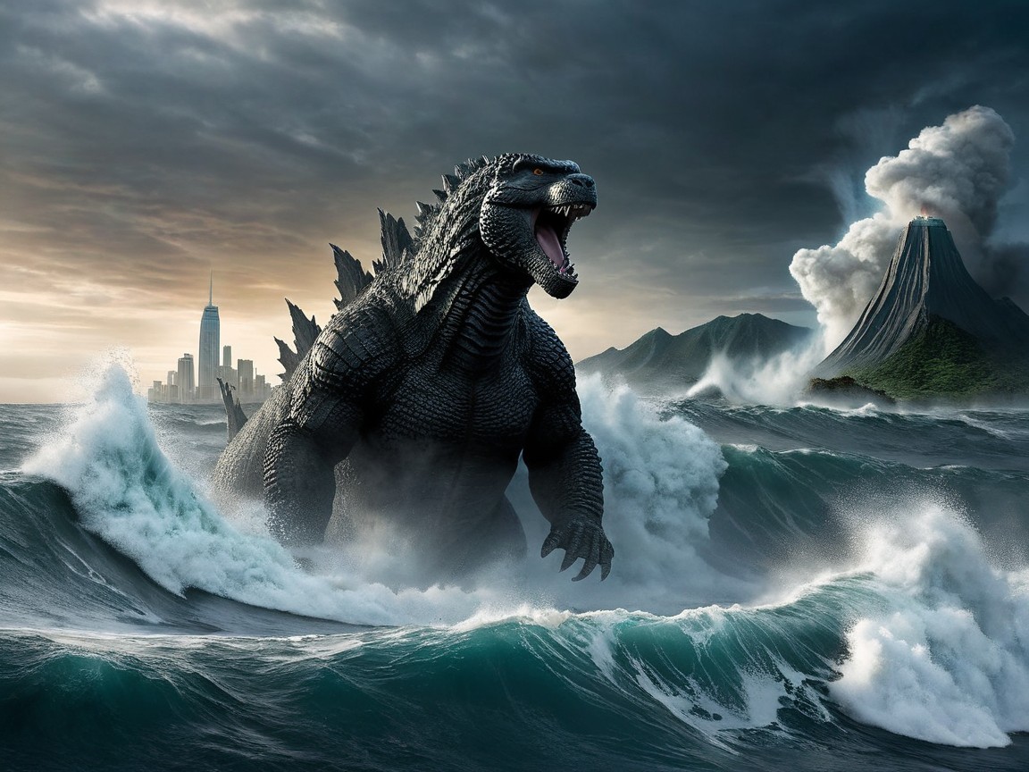 Giant Lizard Creature Amidst Volcanic Eruption and Waves