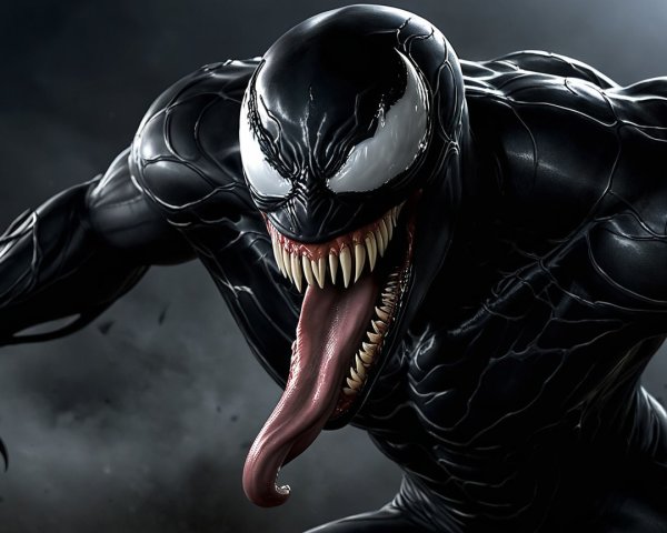 Menacing figure in black symbiotic suit with sharp eyes