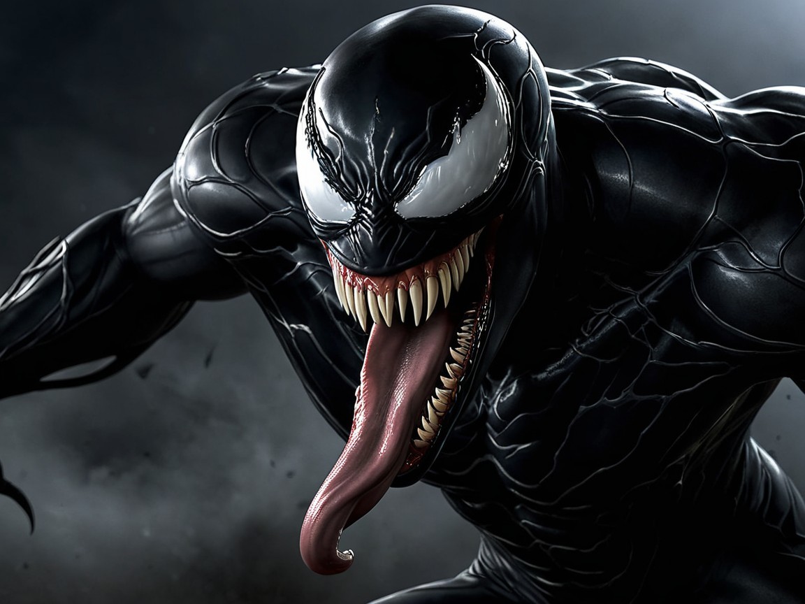 Menacing figure in black symbiotic suit with sharp eyes