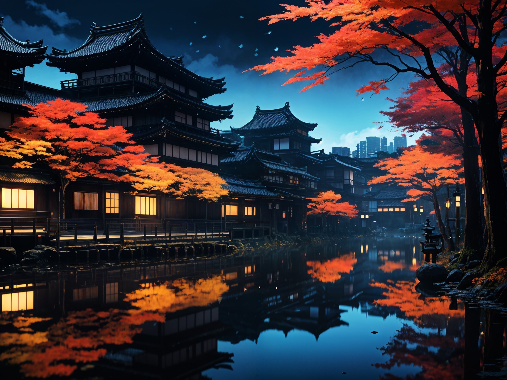 Serene Nighttime Scene of Traditional Architecture and Nature