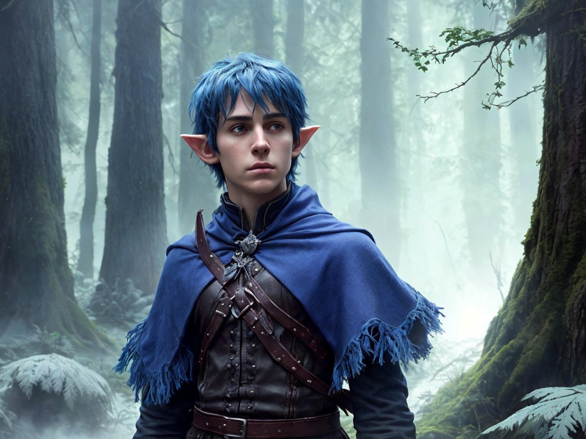 Young Elf in Mystical Forest with Striking Features
