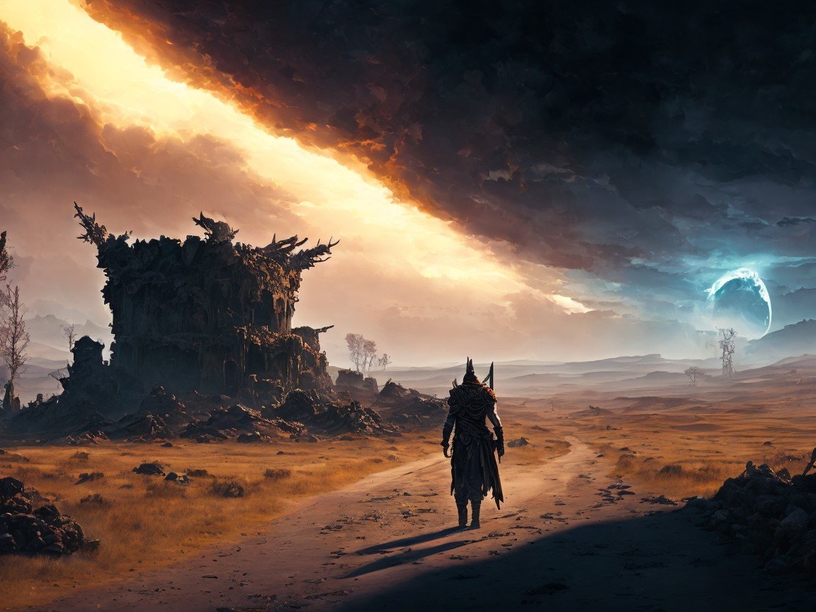 Dark Armored Figure on a Desolate Road to Ruins