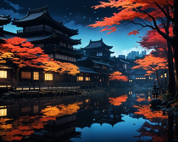 Serene Nighttime Scene of Traditional Architecture and Nature