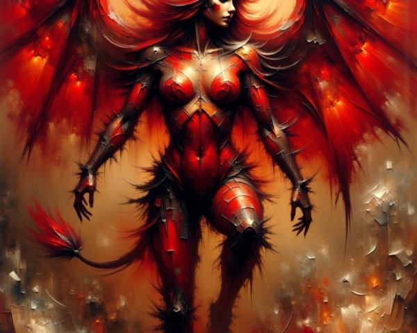 Otherworldly figure in striking red armor with wings