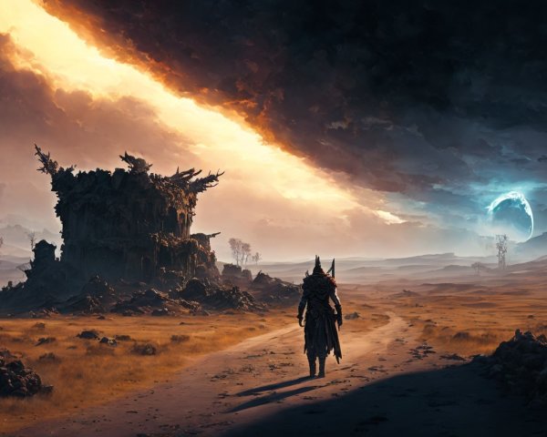 Dark Armored Figure on a Desolate Road to Ruins