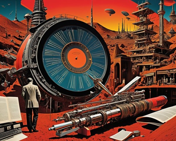 Futuristic landscape with mechanical device and structures