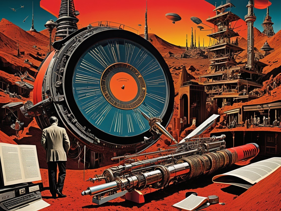 Futuristic landscape with mechanical device and structures