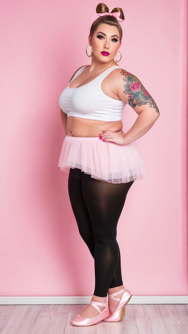 Plus-Size Dancer in Pastel Pink Tutu and Ballet Shoes