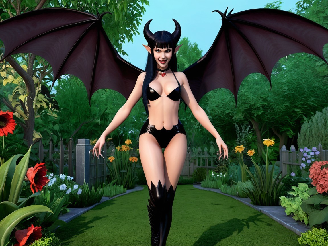 Fantasy Character with Bat Wings in Colorful Garden