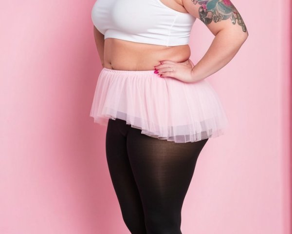 Plus-Size Dancer in Pastel Pink Tutu and Ballet Shoes