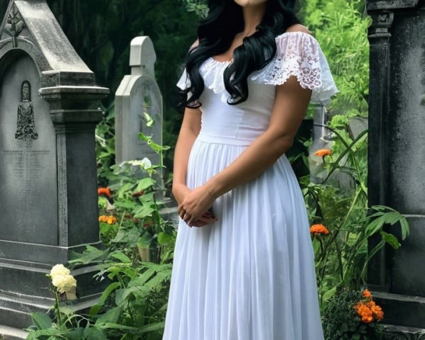 Woman in White Gown Surrounded by Cemetery Flora