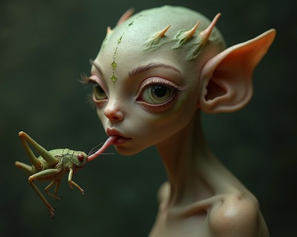Fantastical creature with elongated ears and grasshopper