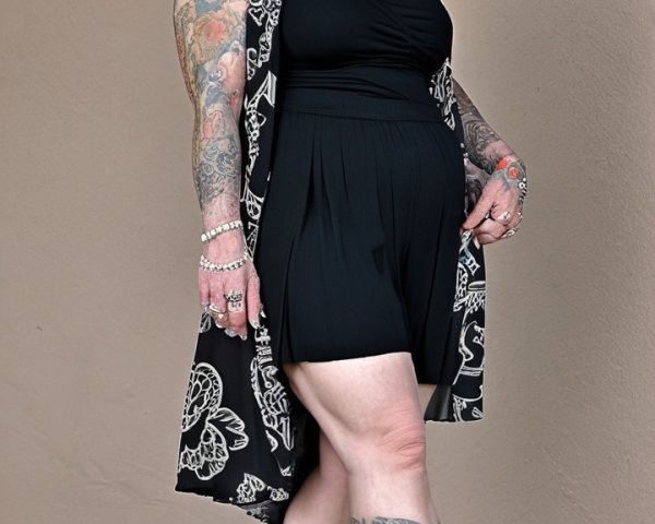 Confident Woman with Vibrant Tattoos in Stylish Outfit