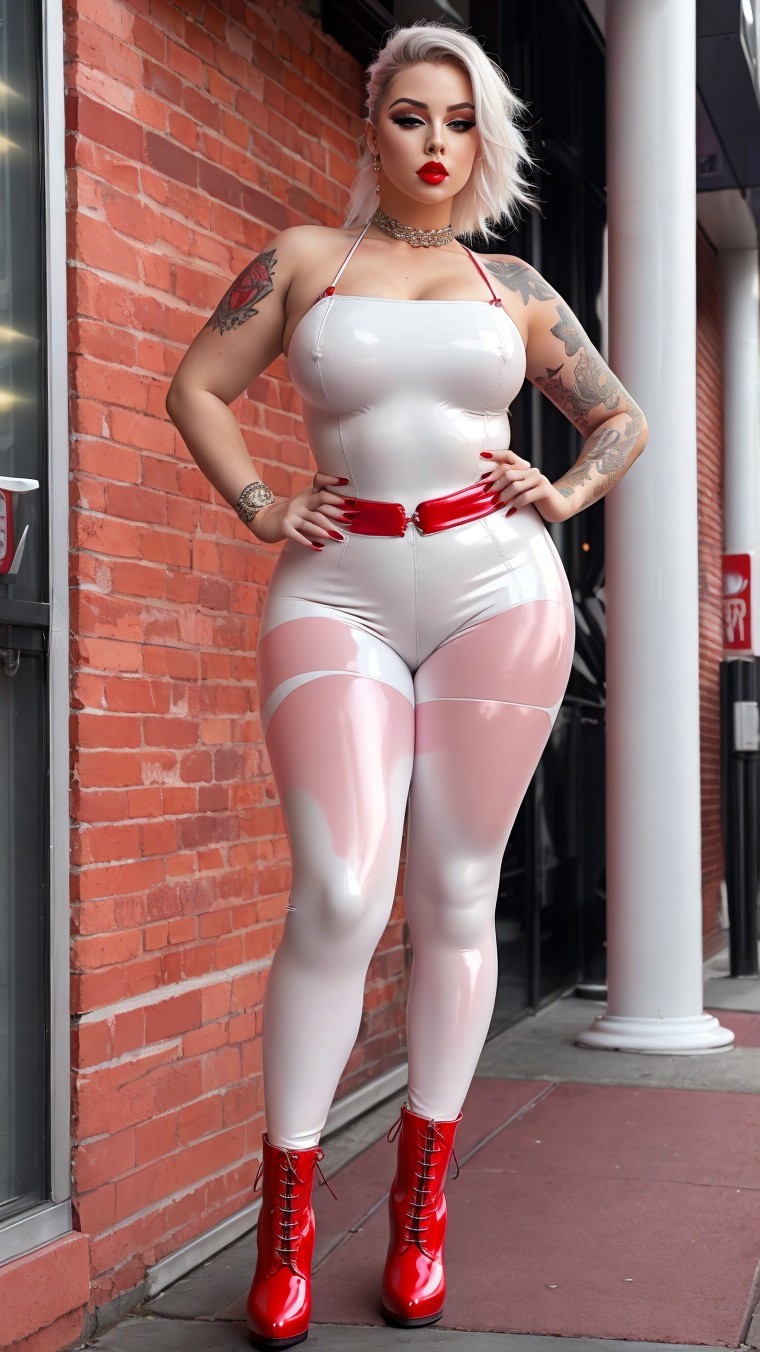 Fashion-forward individual in shiny white latex outfit