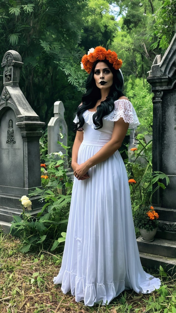 Woman in White Gown Surrounded by Cemetery Flora