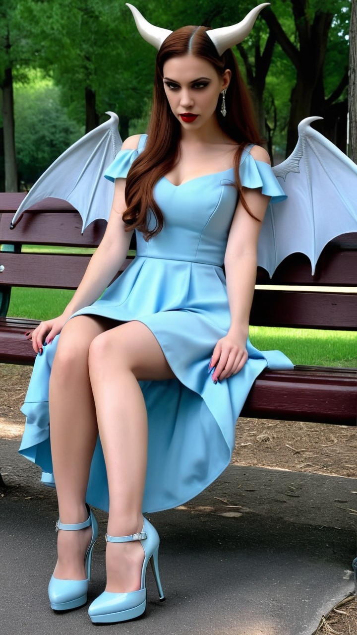 Woman in Sky-Blue Dress with Fantasy Accessories