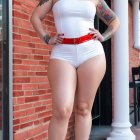 Fashion-forward individual in shiny white latex outfit