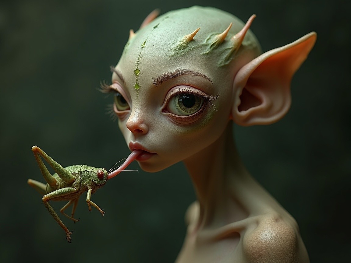 Fantastical creature with elongated ears and grasshopper