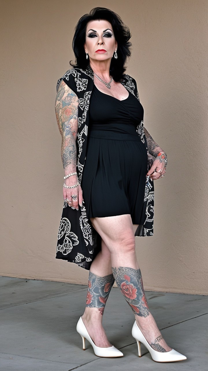 Confident Woman with Vibrant Tattoos in Stylish Outfit