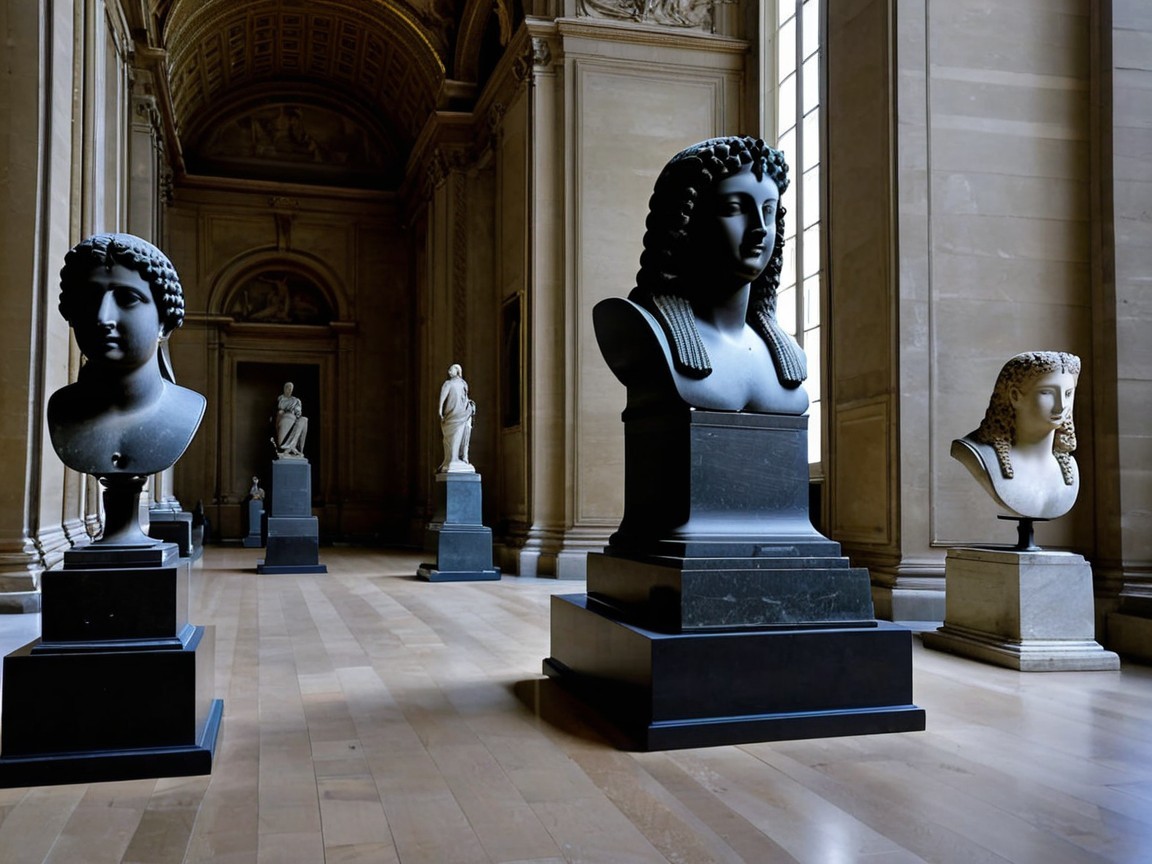 Grand gallery with striking sculptures and elegant architecture