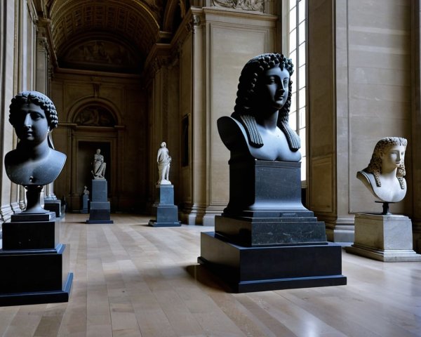 Grand gallery with striking sculptures and elegant architecture