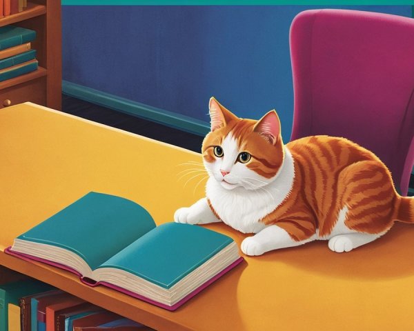 Whimsical Cat Illustration in a Cozy Study Space