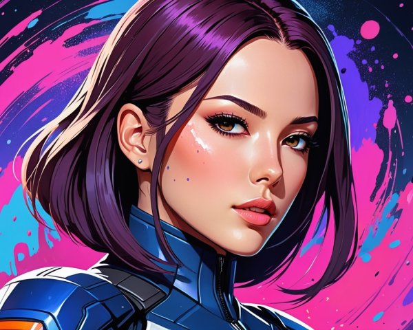 Futuristic Character with Purple Bob Haircut and Suit
