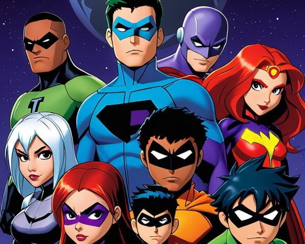 Superhero Team in Colorful Costumes Against Stars