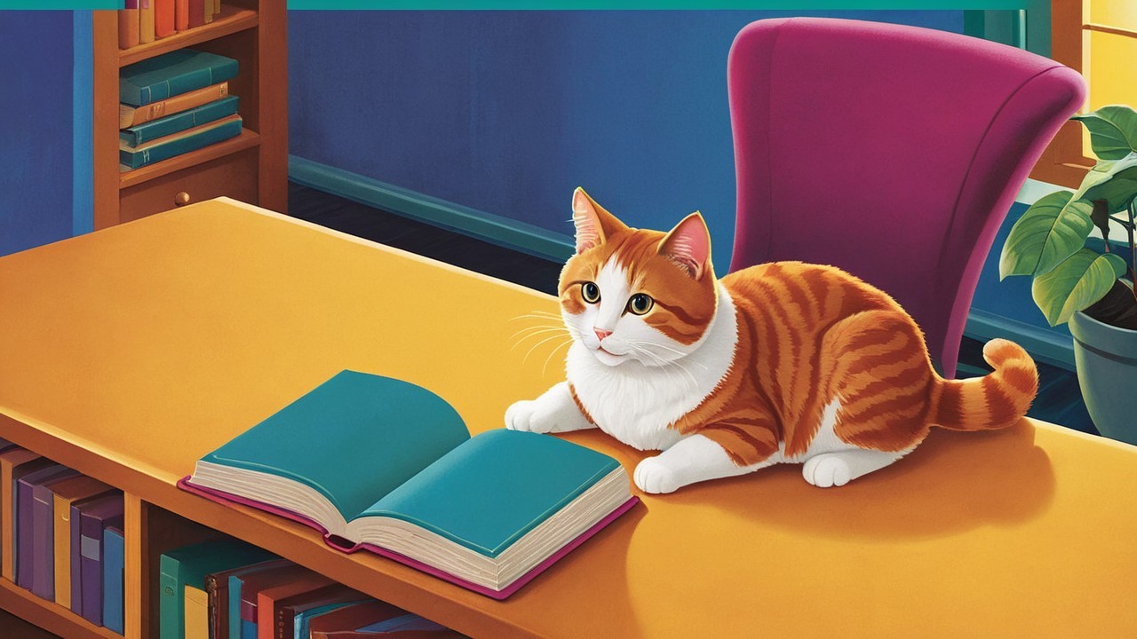 Whimsical Cat Illustration in a Cozy Study Space