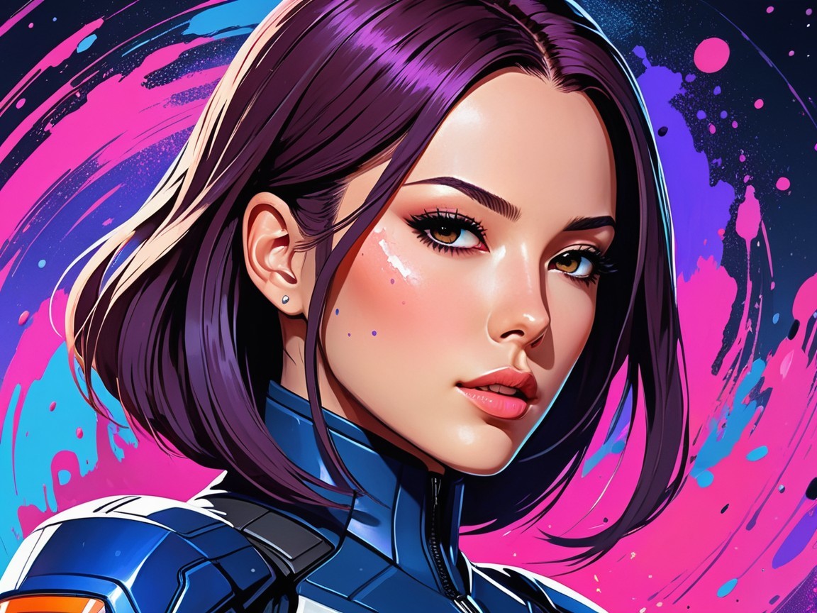Futuristic Character with Purple Bob Haircut and Suit