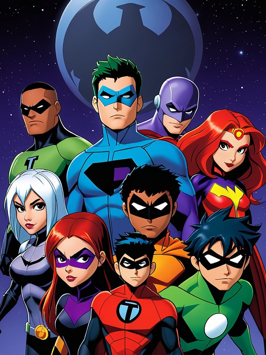 Superhero Team in Colorful Costumes Against Stars