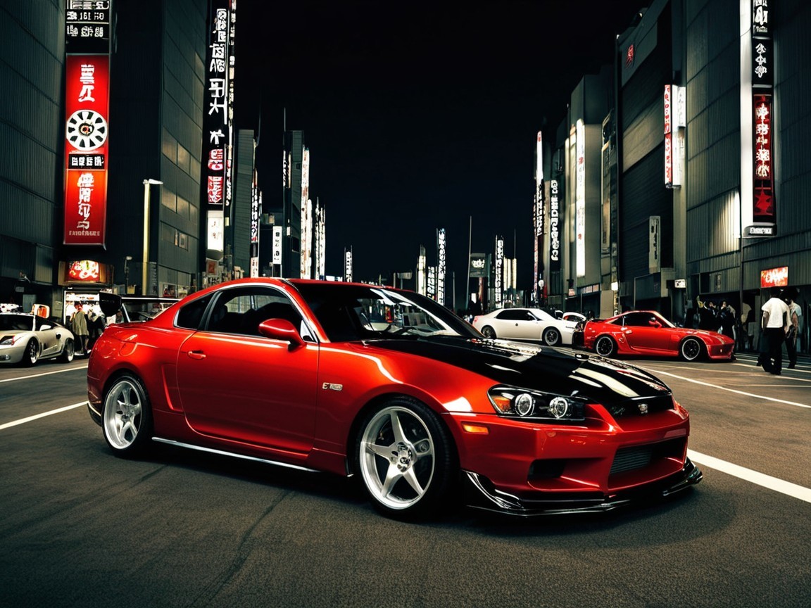 Red Sports Car in Vibrant Nighttime City Scene