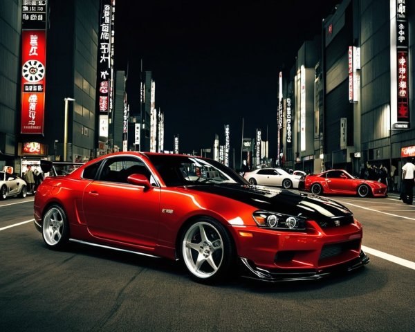Red Sports Car in Vibrant Nighttime City Scene