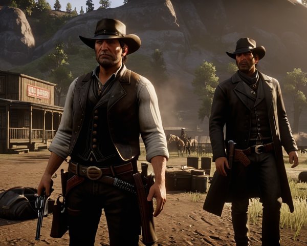 Cowboys in Old West Town with Rugged Attire and Landscape