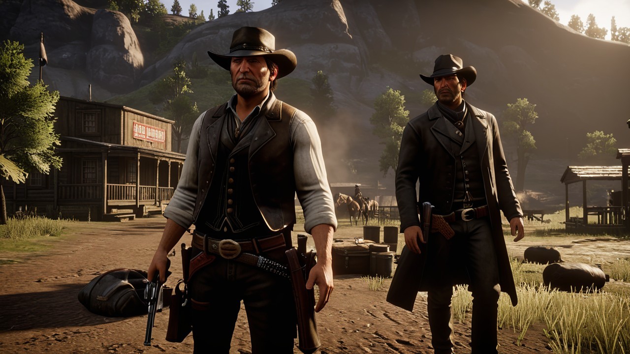 Cowboys in Old West Town with Rugged Attire and Landscape