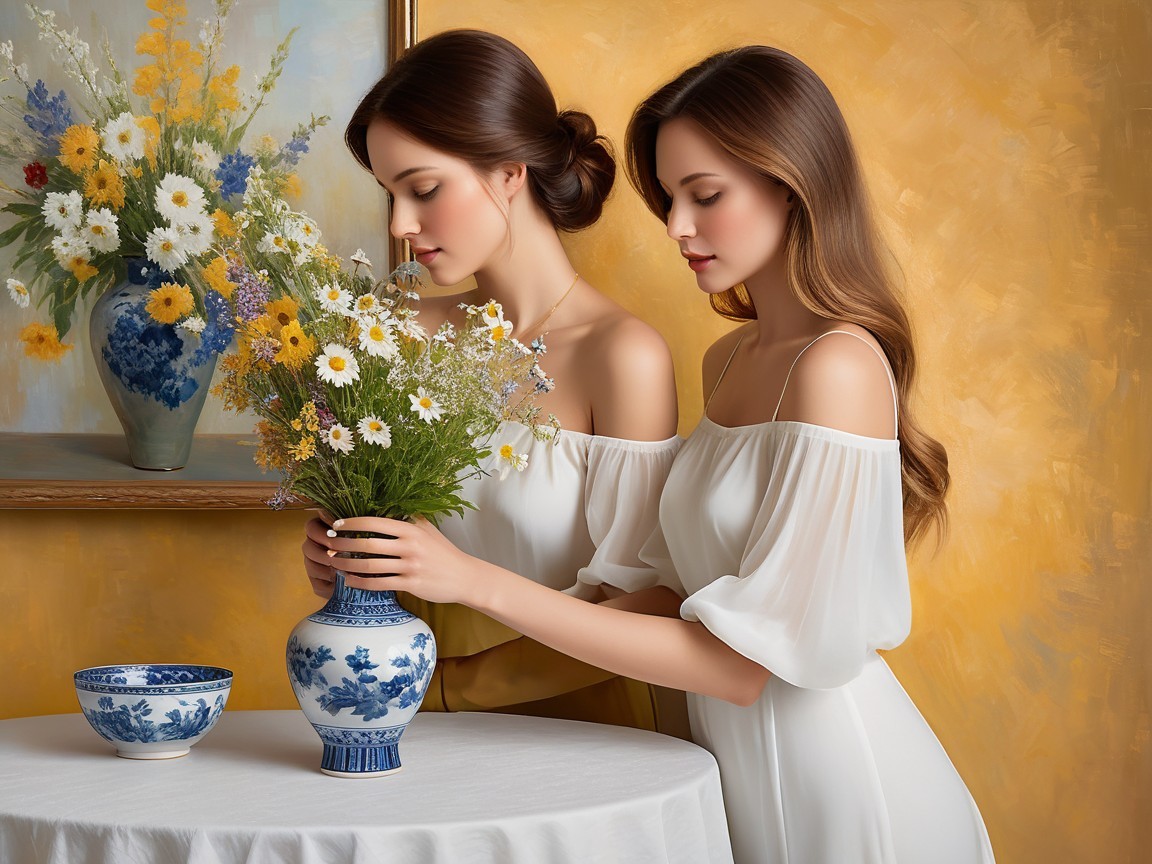 Young Women Arranging Flowers in Elegant Setting