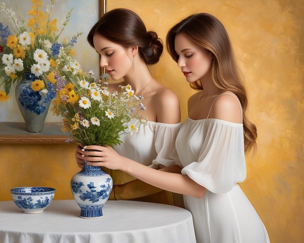 Young Women Arranging Flowers in Elegant Setting